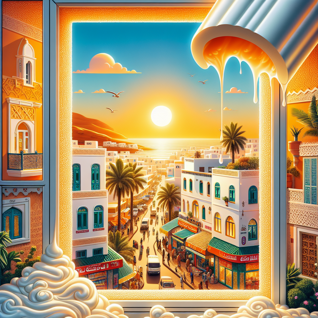 Sunset over Agadir coastal town with palm trees and traditional buildings, illustrating thermal insulation benefits.
