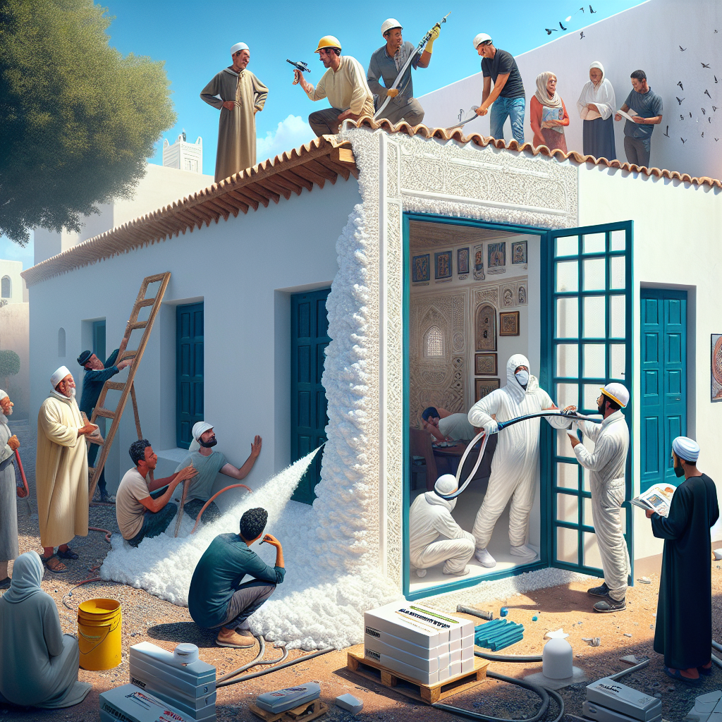 Workers in traditional attire applying thermal insulation on a white Mediterranean-style building in Casablanca.