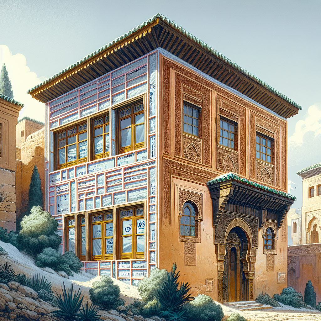 Traditional Moroccan riad in Fès with detailed tilework and wooden lattice windows, showcasing thermal insulation techniques