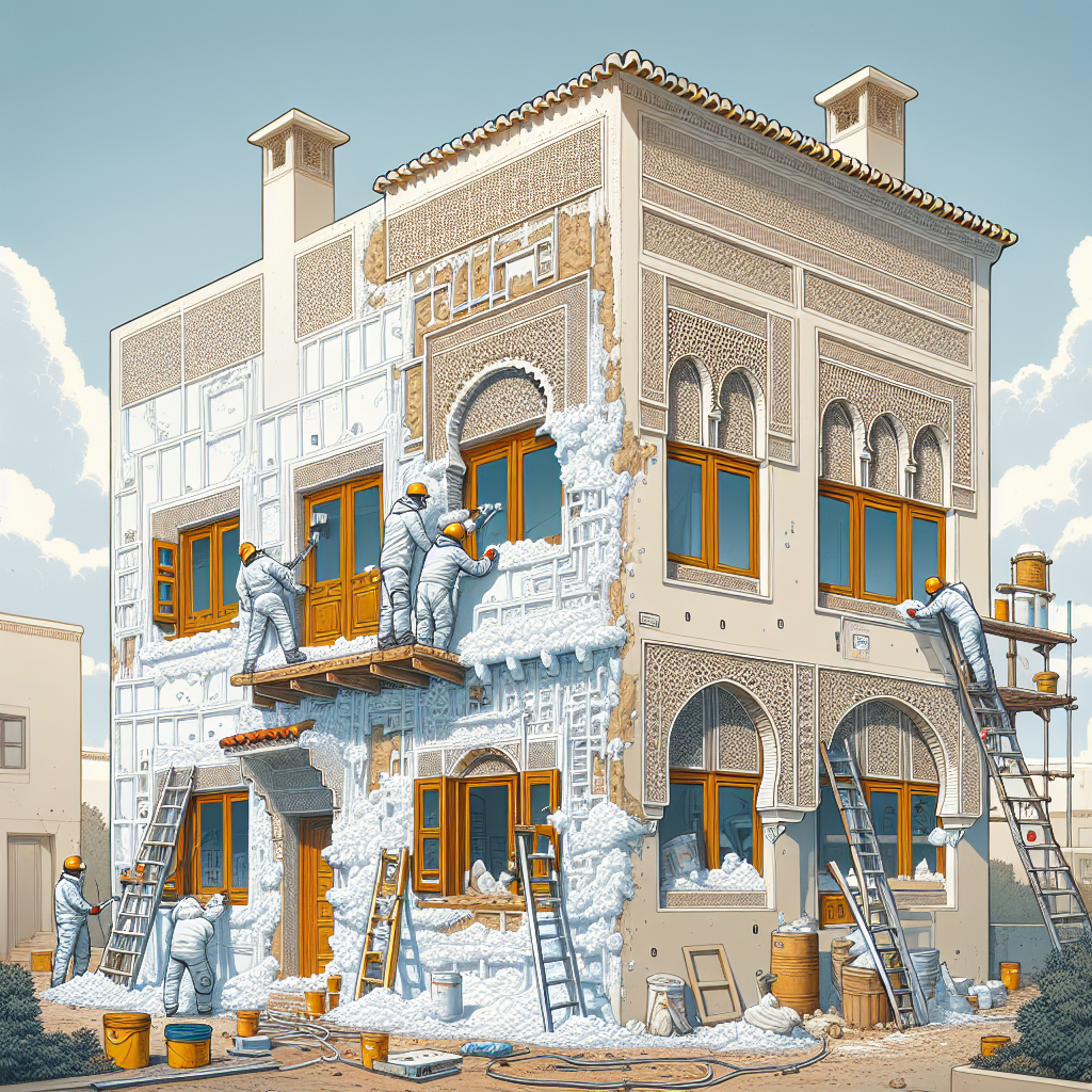 Travailleurs rénovant une maison traditionnelle à Nador avec mousse polyuréthane et fenêtres PVC double vitrage.