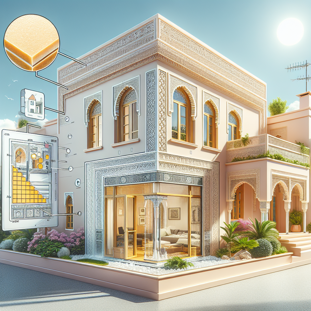 3D illustration of a modern two-story house showing polyurethane foam insulation and PVC double-glazed windows in Rabat.