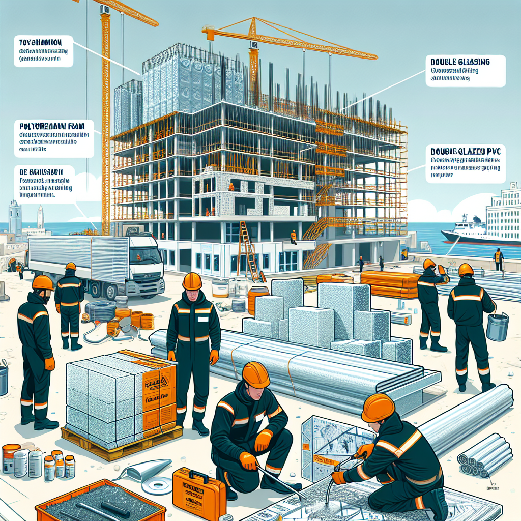 Construction site in Tanger showing workers, cranes, and materials for polyurethane foam and PVC double glazing insulation.