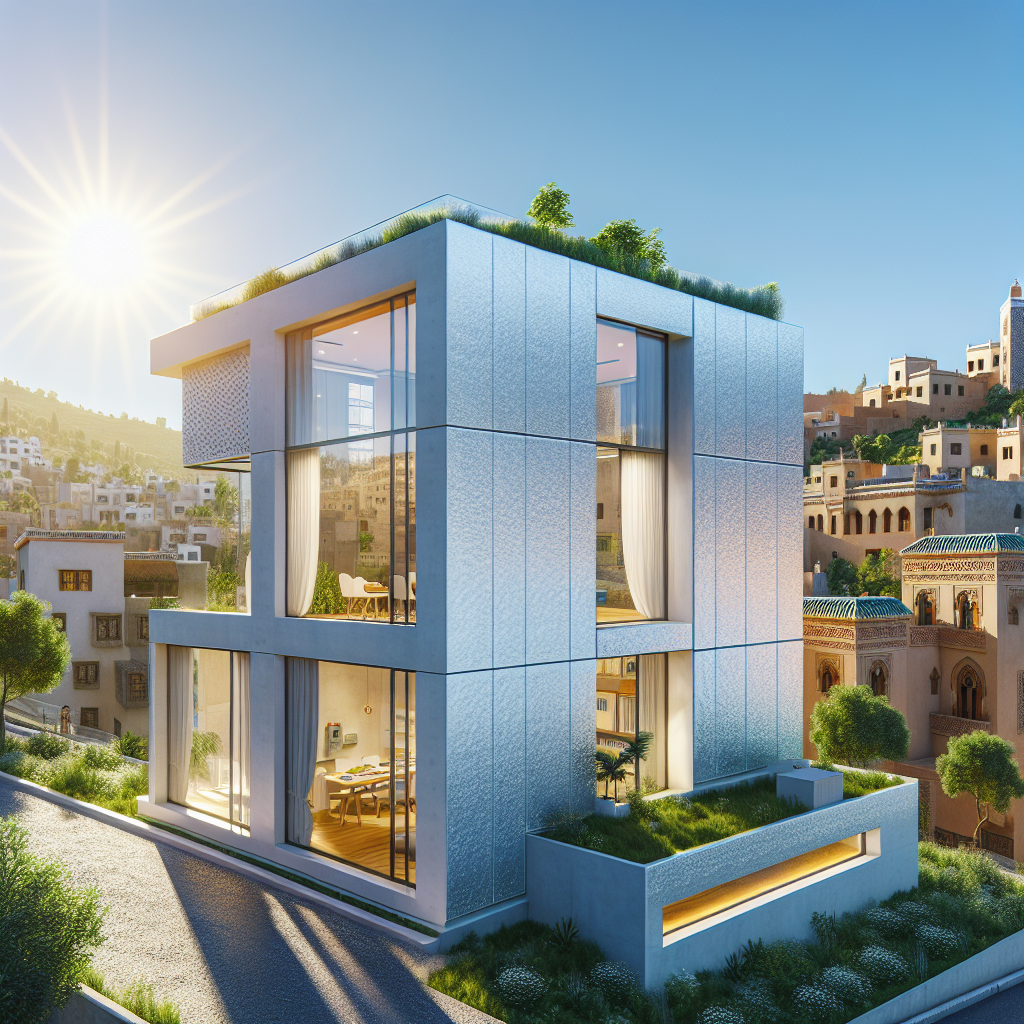 Modern two-story house in Tétouan with large PVC windows and rooftop garden showcasing polyurethane foam insulation.