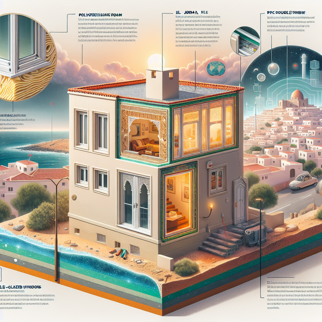Cutaway of eco-friendly house in El Jadida with polyurethane foam insulation and PVC double-glazed windows for thermal isolat