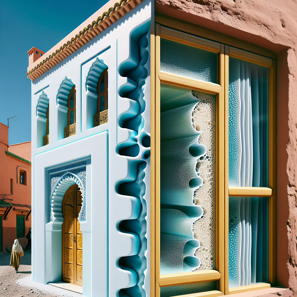 Colorful Moroccan building in Marrakech with intricate designs, highlighting thermal insulation using polyurethane foam and P