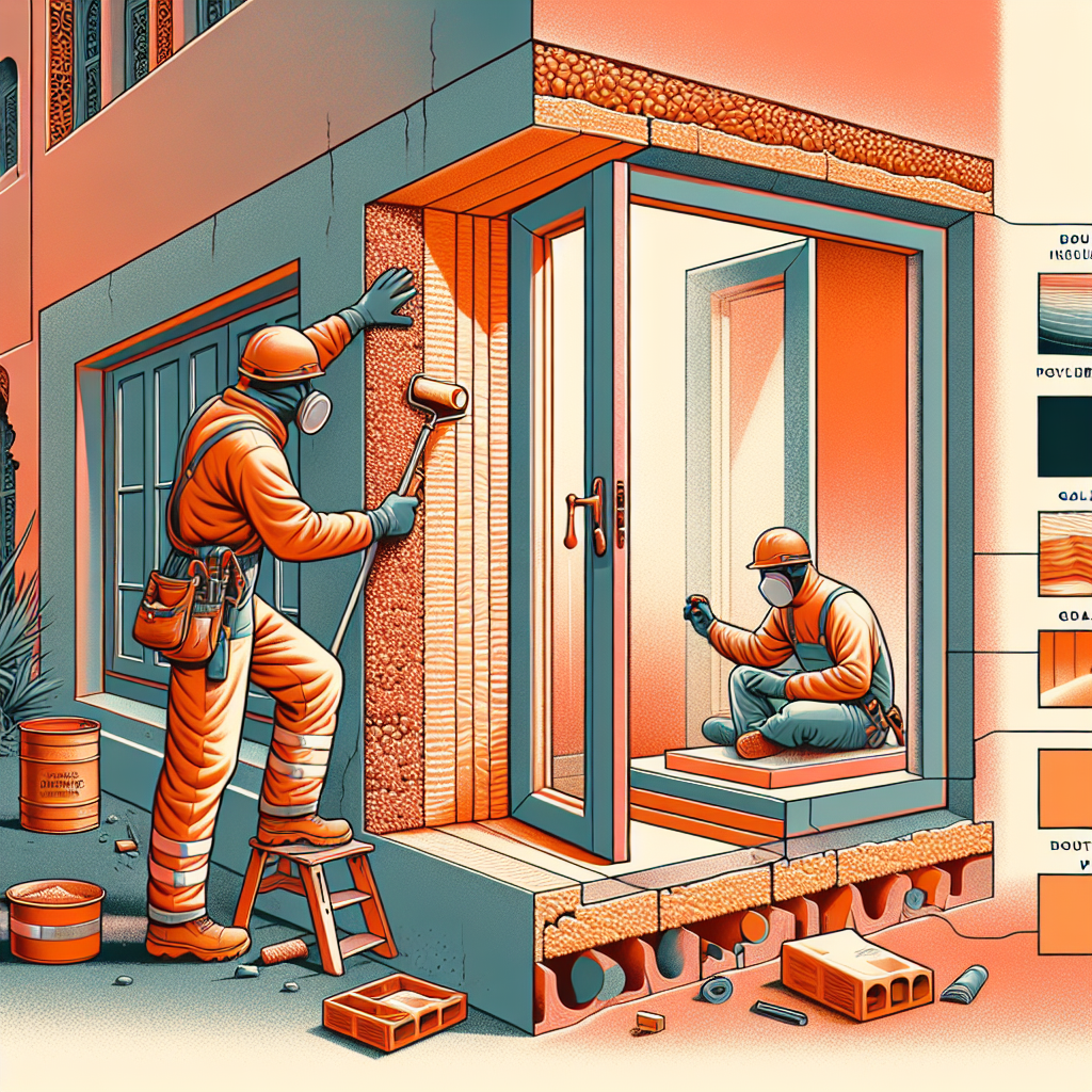 Construction workers applying paint and finishing a modern building facade for thermal insulation in Meknès.